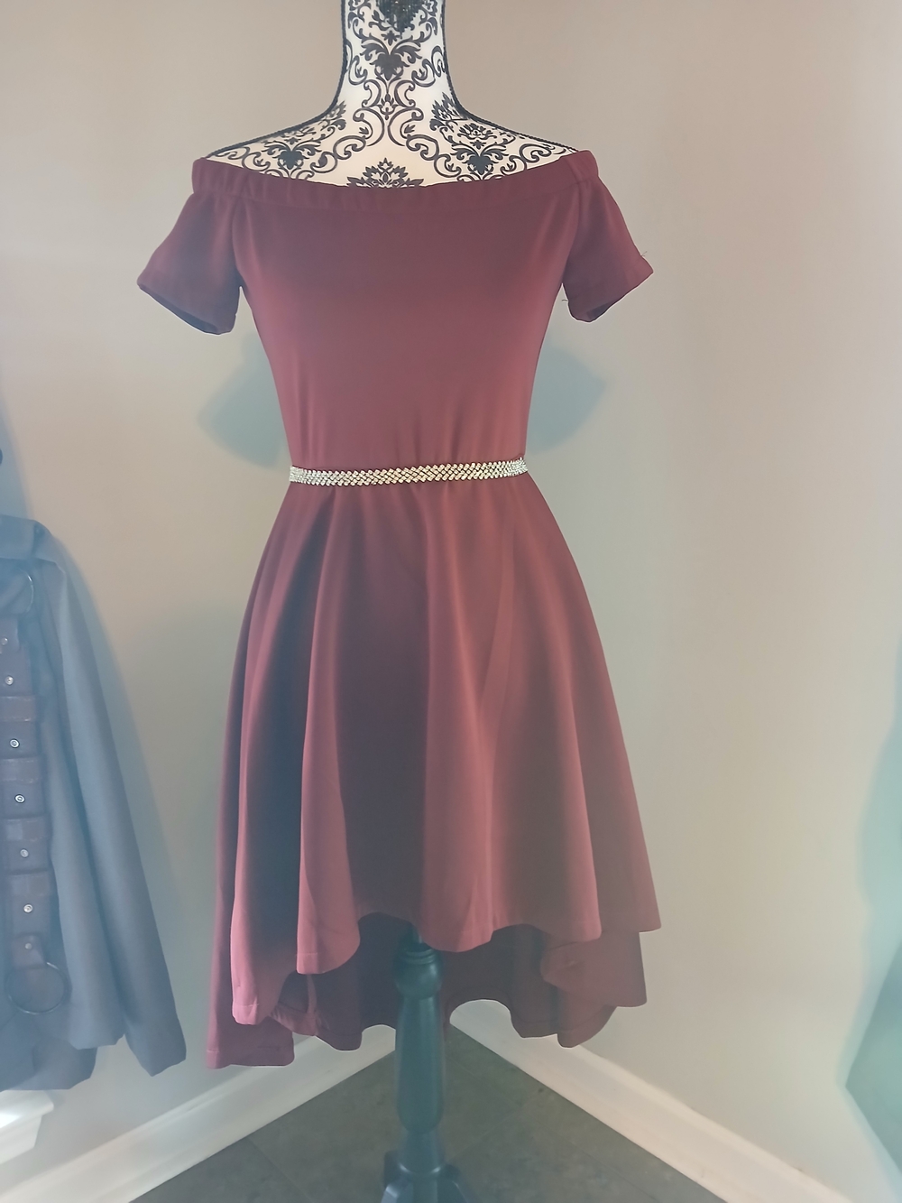 Leo Rosi Off-Shoulder Burgundy High-Low Dress